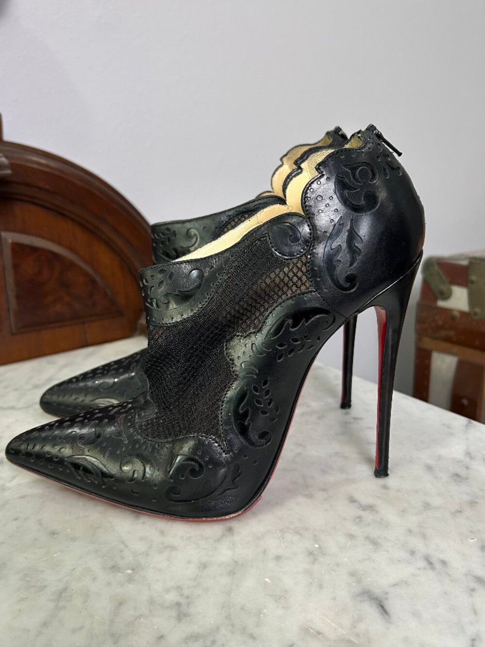 Christian Louboutin Mandolina 120 Black Napa Laser Cut Bootie size 39.5